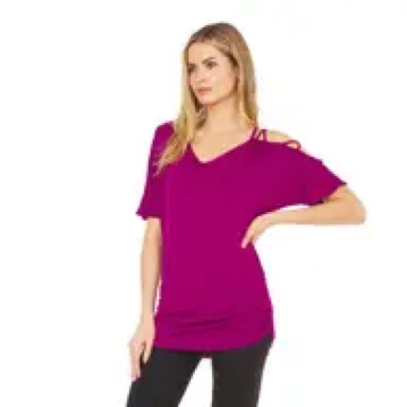 Cold Shoulder Asymmetrical Ruched Short Sleeve T-shirt multiple colors & sizes - Picture 7 of 11
